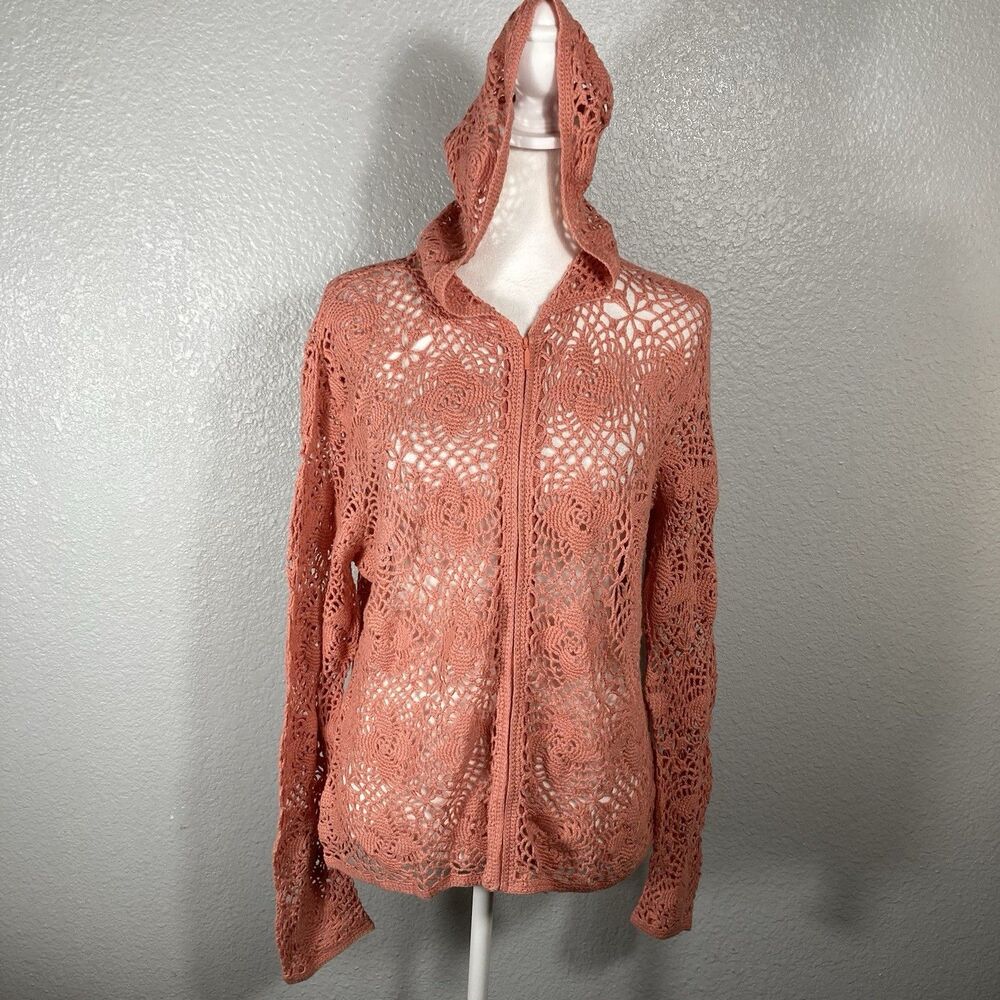 Crochet Open Knit Cardigan M Linen Hooded Zip Front Rose Pink Cottagecore Boho